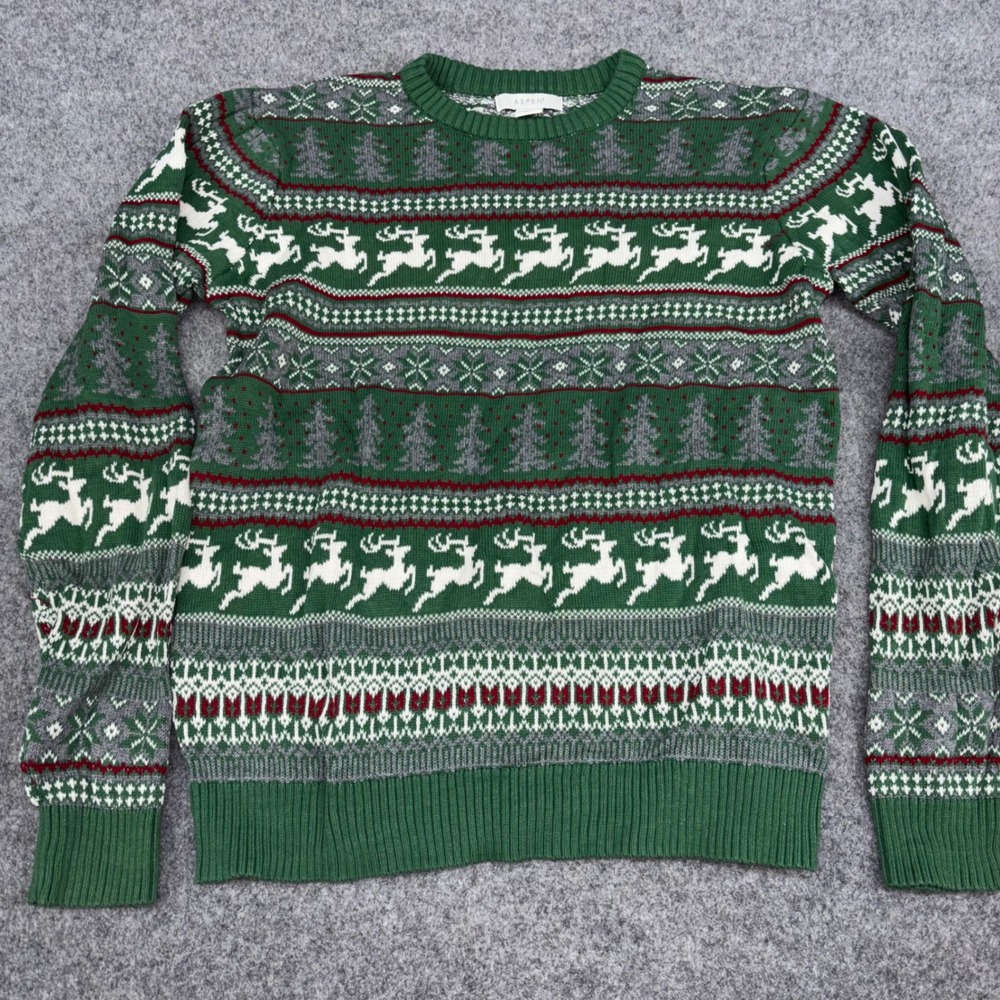 Aspen Fair Isle Reindeer Sweater Womens Large Green Holiday Christmas Knit Top